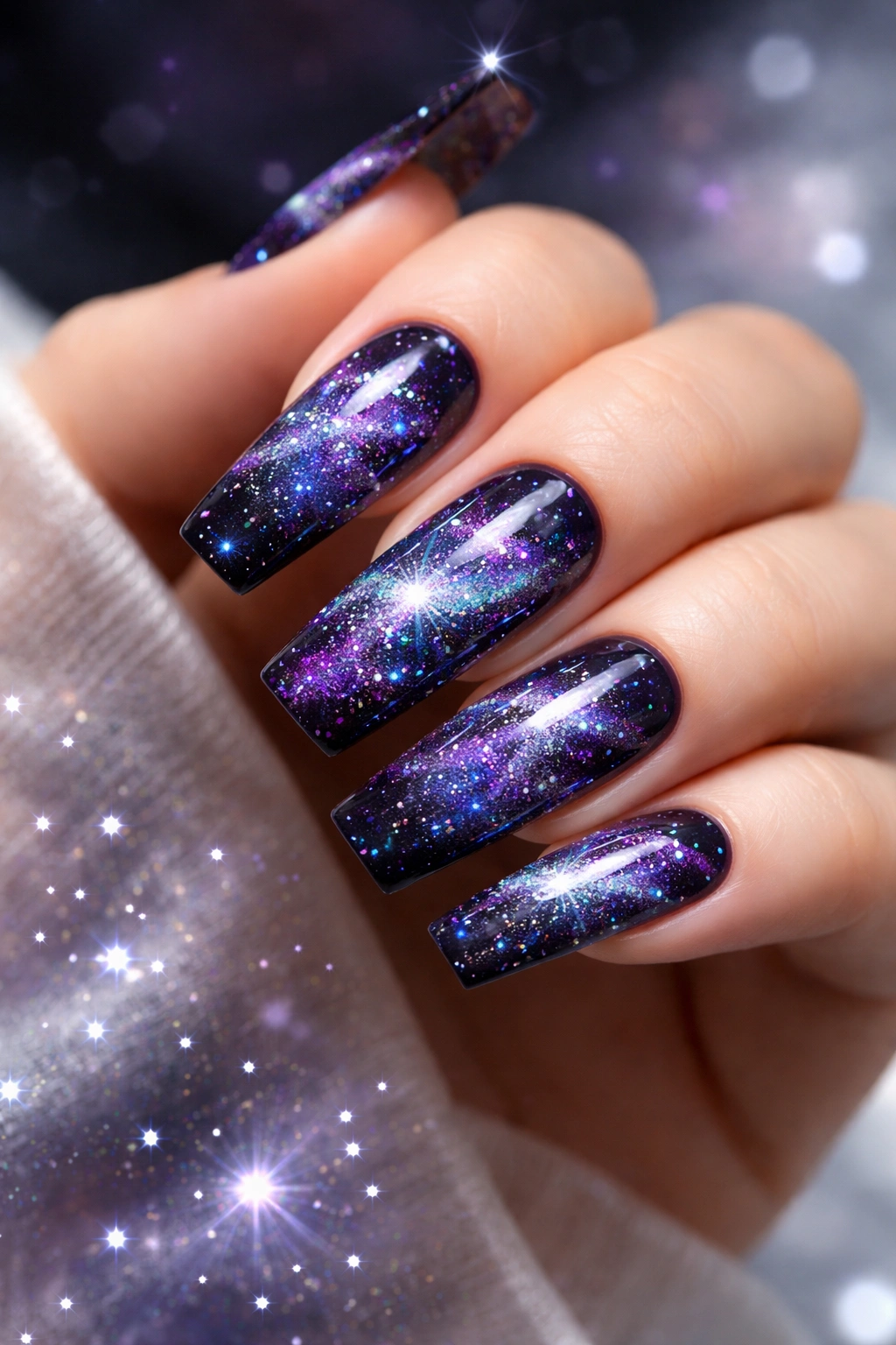 Close-up of galaxy-themed coffin nails with star dust effects