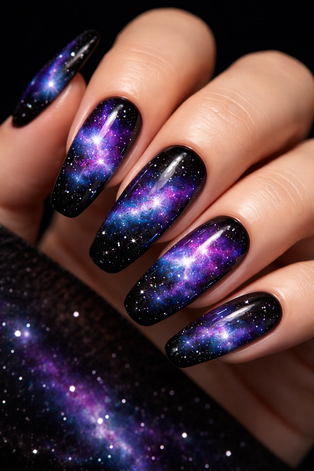 Galaxy nails with nebula swirls and stars on black base