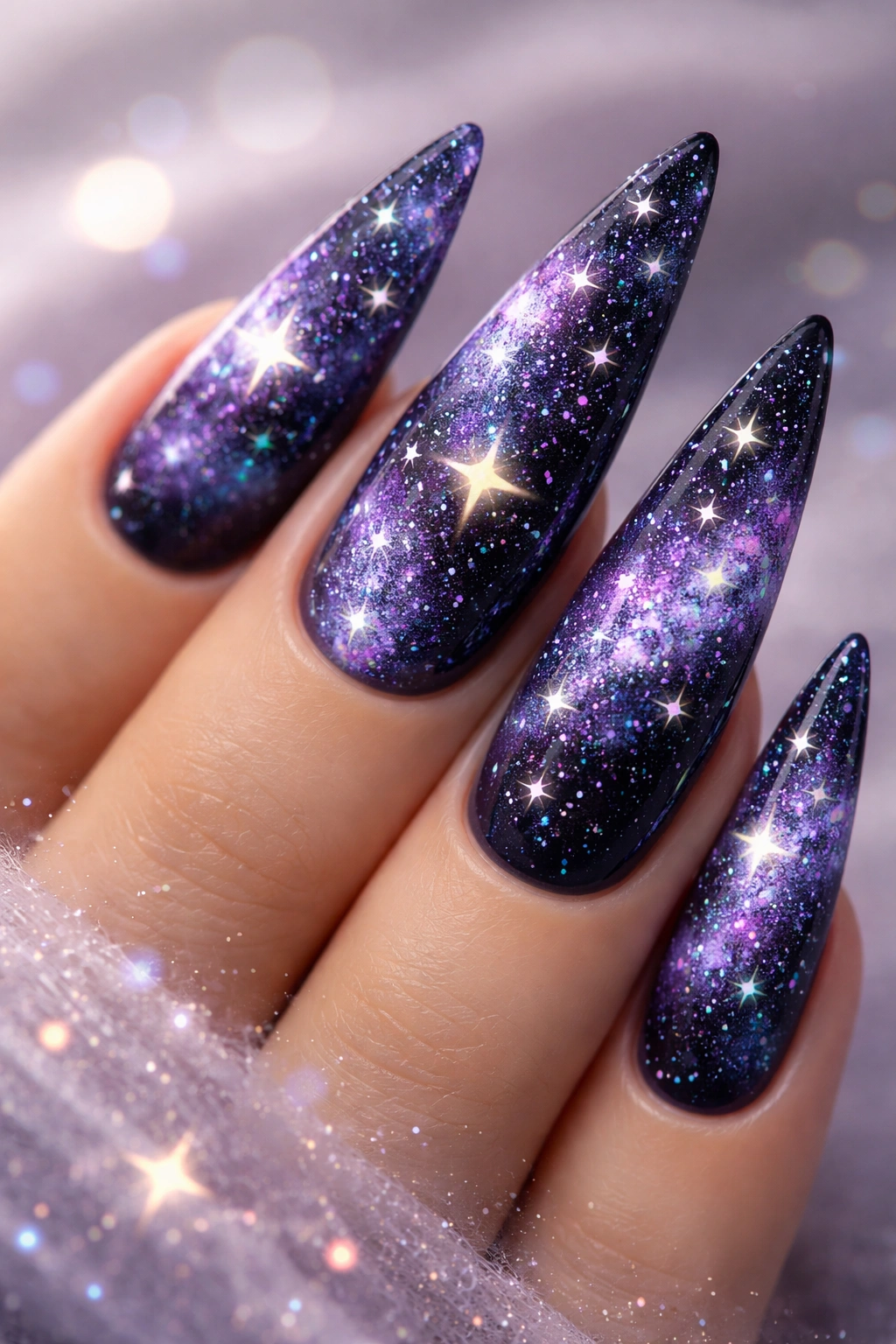 Galaxy-inspired stiletto nails with tiny stars and glitter in purple tones