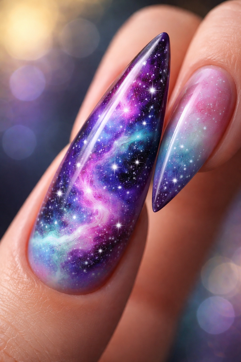 Stiletto nail with galaxy nebula swirls and stars