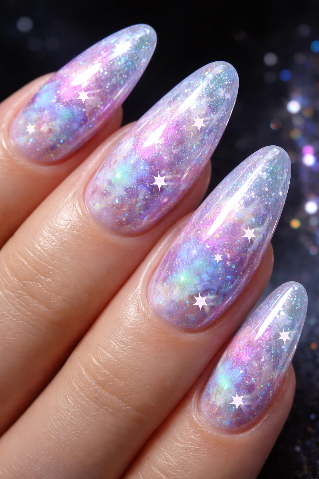 Close-up of galaxy opal nails with holographic stars