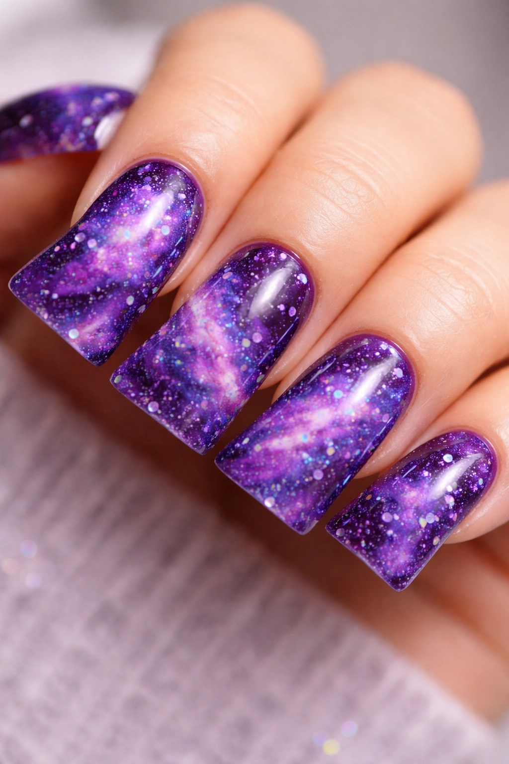 Close-up of galaxy-style purple duck nail with nebula-like swirls and sparkles