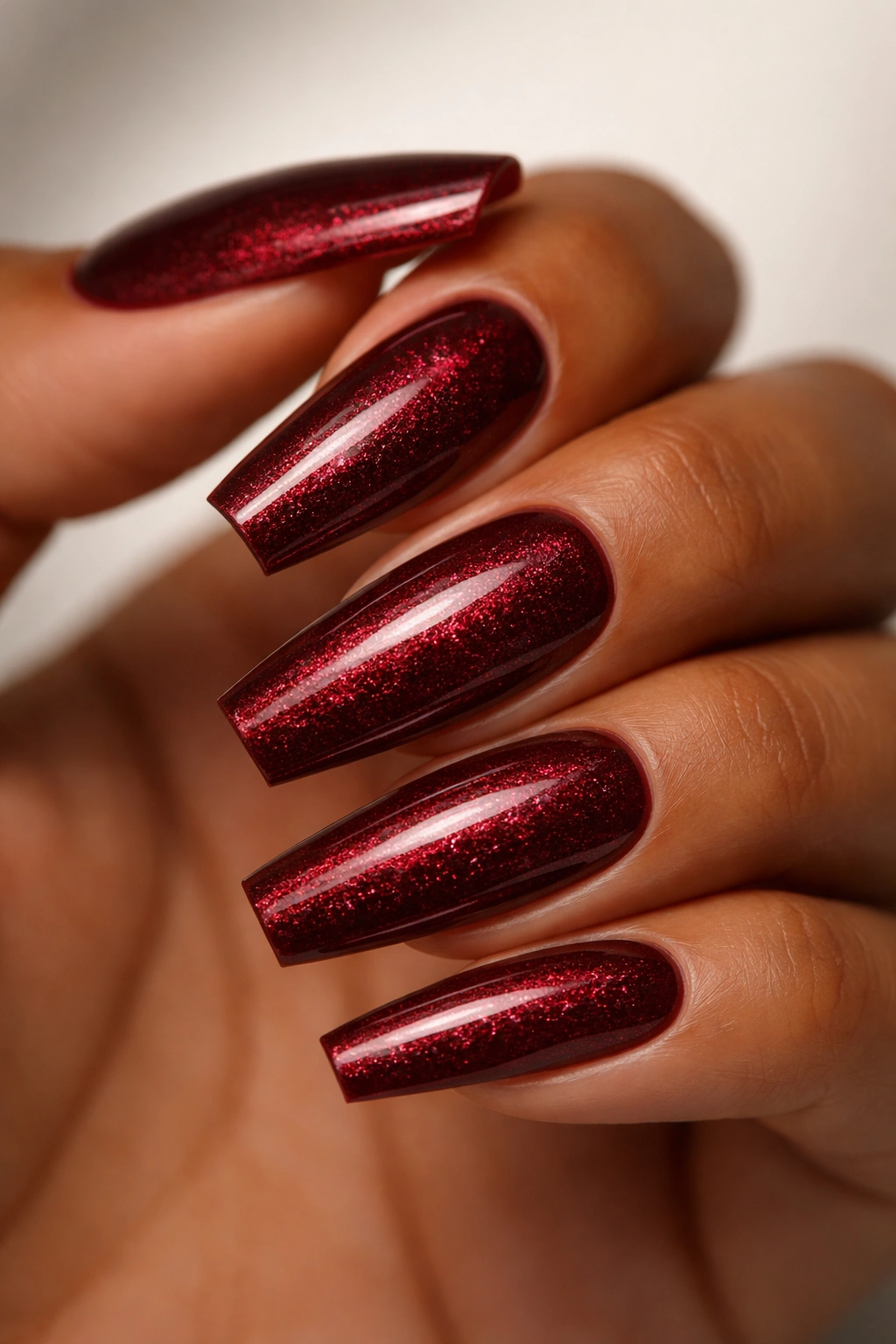 Garnet red nail with fine glitter veil on a ballerina shape