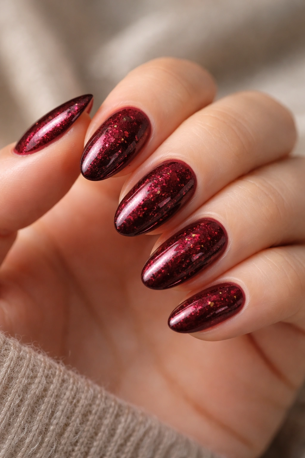 Garnet shimmer nails with glass fleck on short almond nails