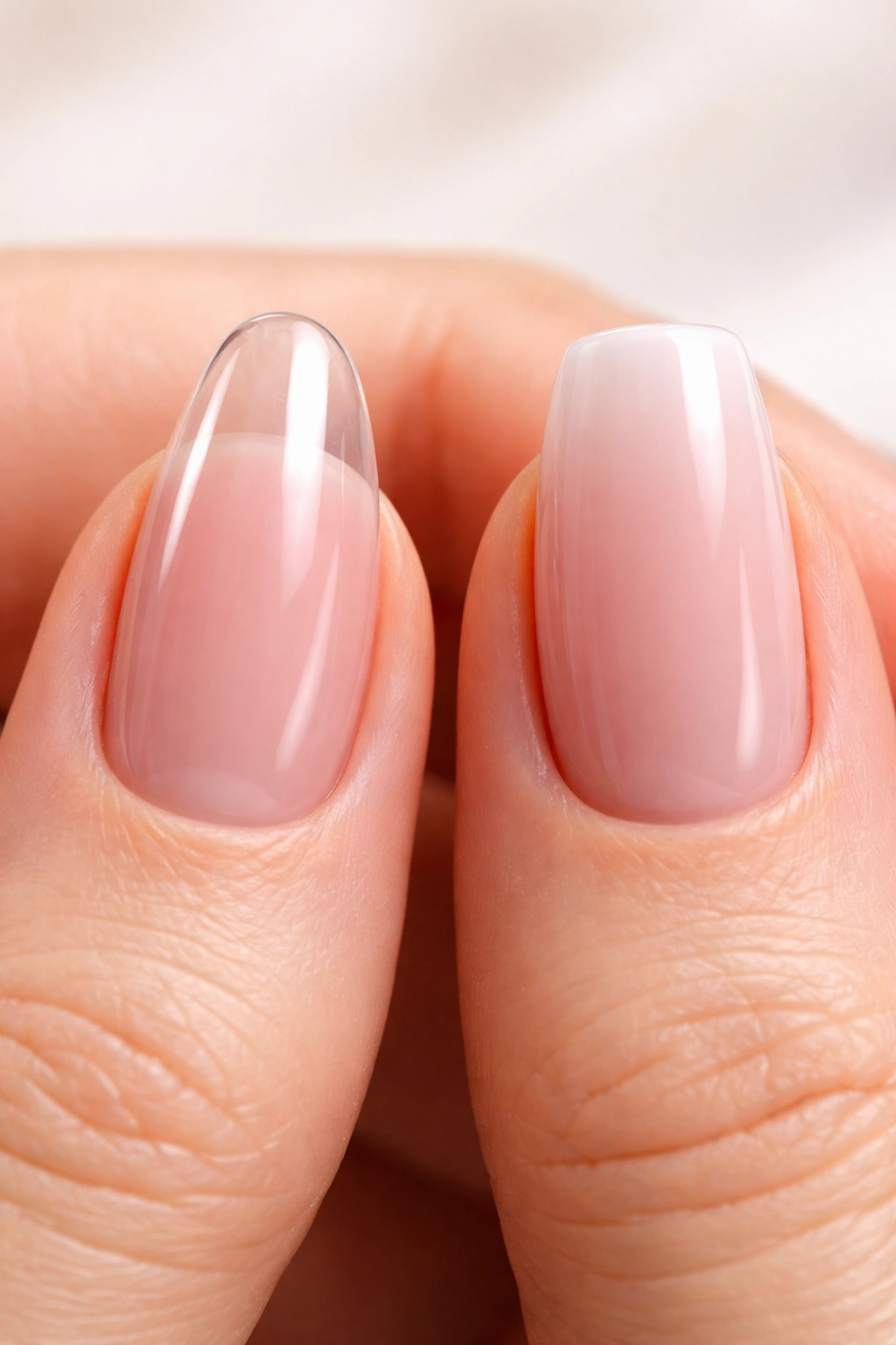 Two nails with different finishes: thin glossy Gel X-like and thick acrylic