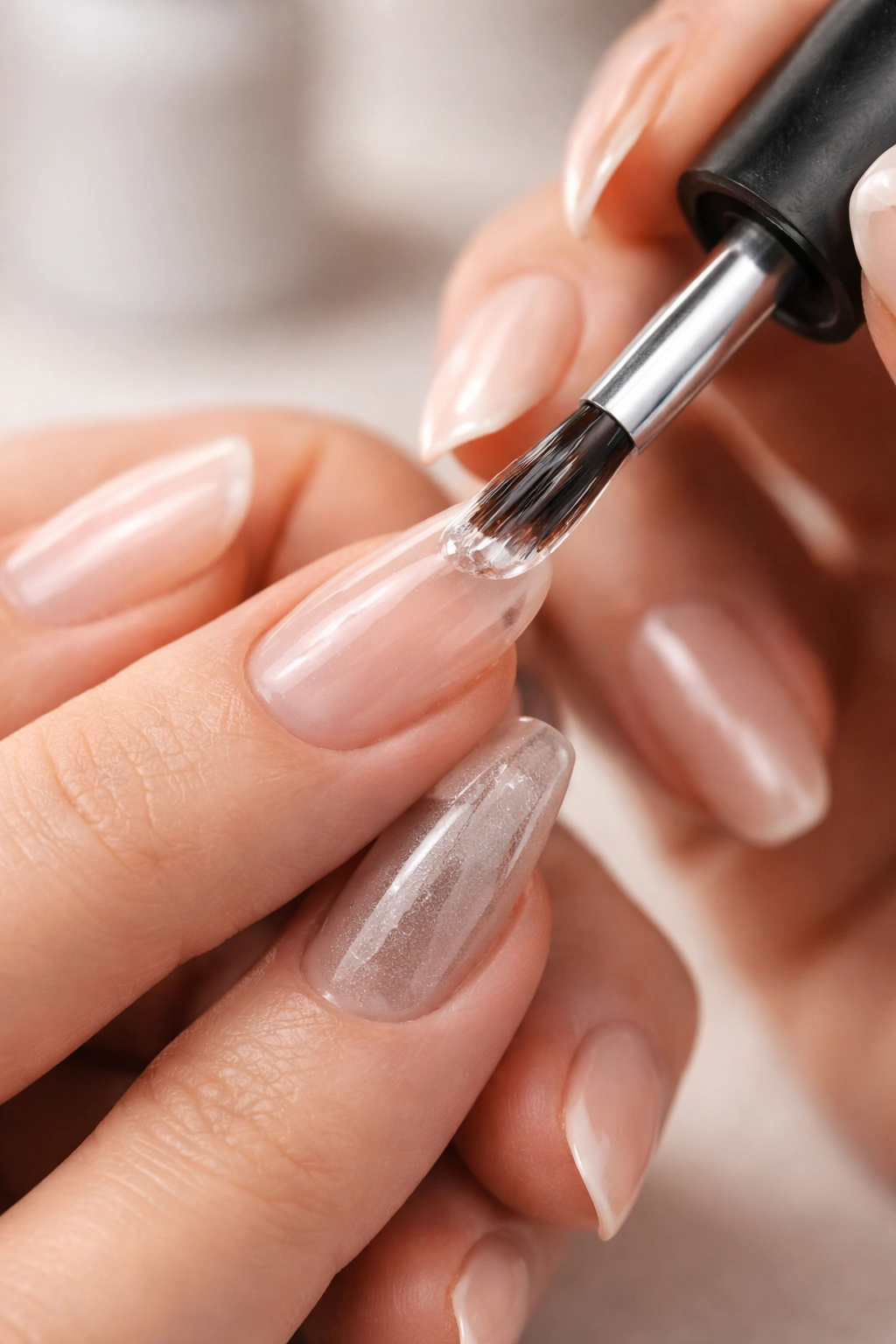 Hand applying gel with a brush to a natural nail
