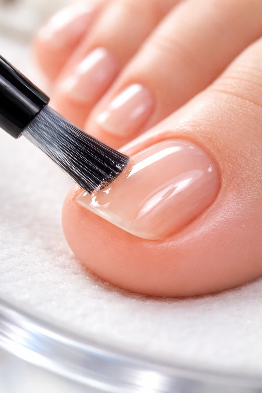 Brush applying thin gel base coat to toenail