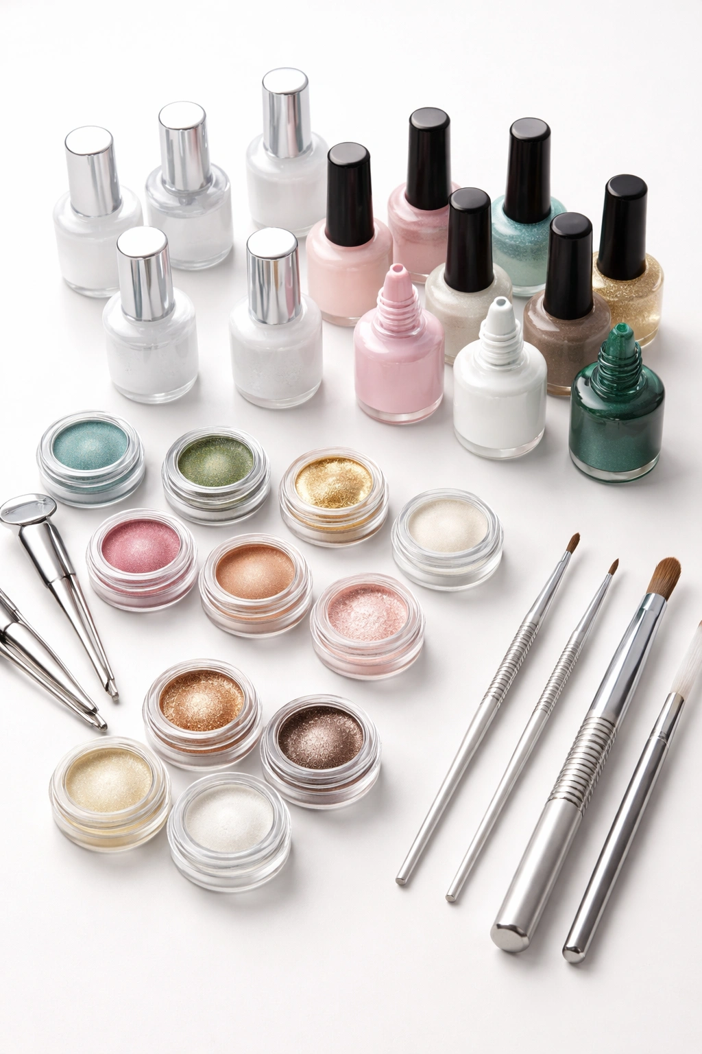 Flat lay of builder gels and pigments for Van Cleef nails