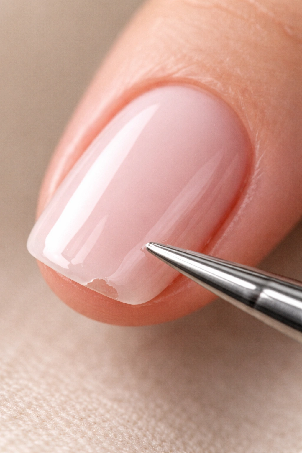 Gel nail edge with a small chip addressed to prevent spreading