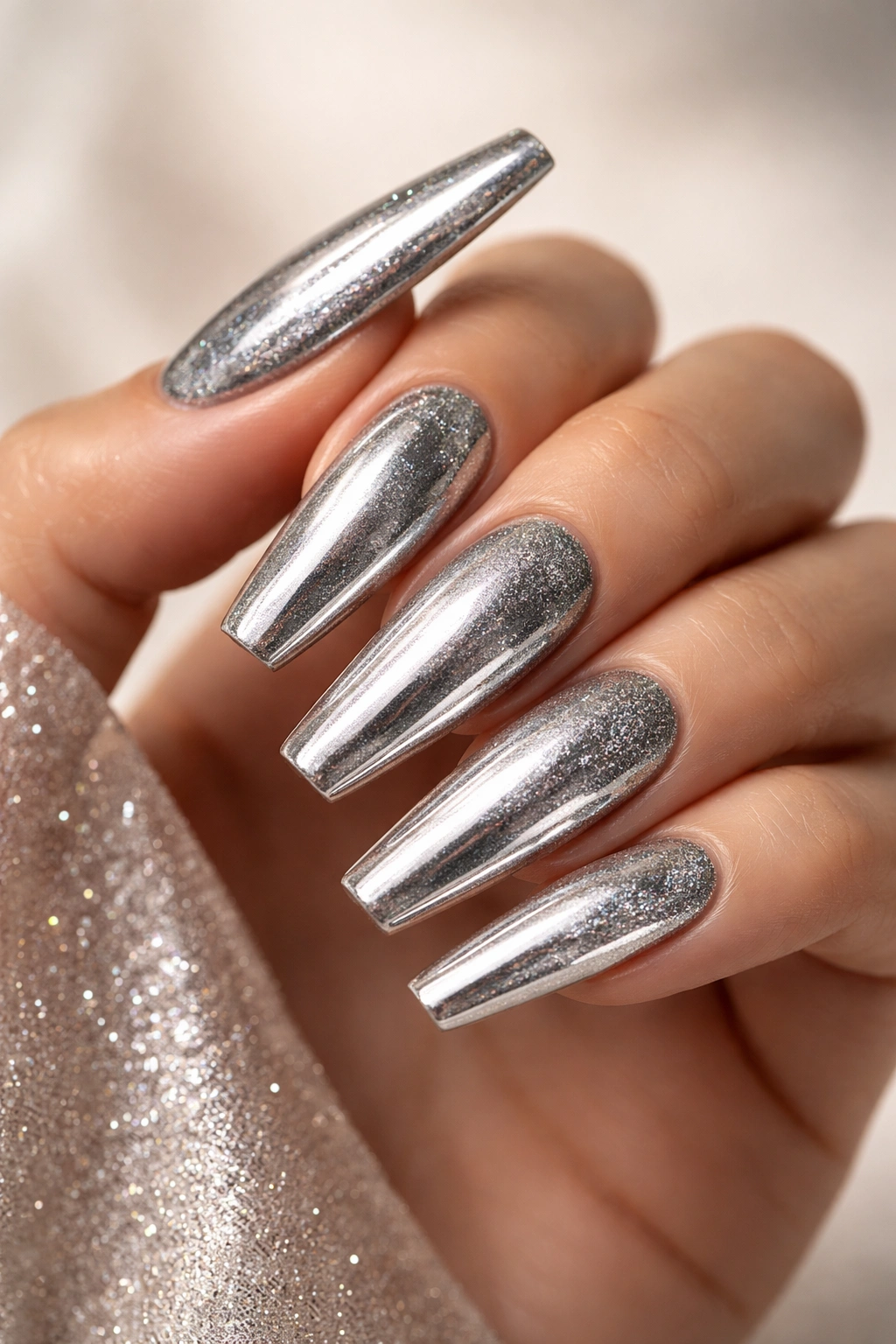 Close-up of coffin nails with gel chrome glitter finish resembling liquid metal