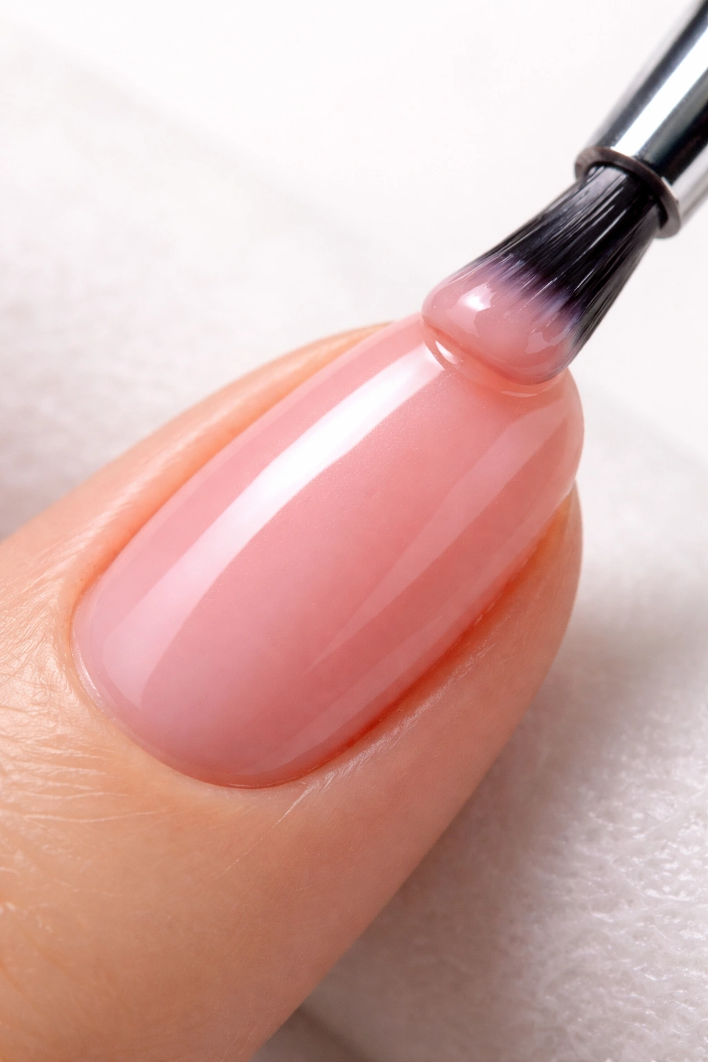 Close-up of a single nail with a thin, even layer of gel color