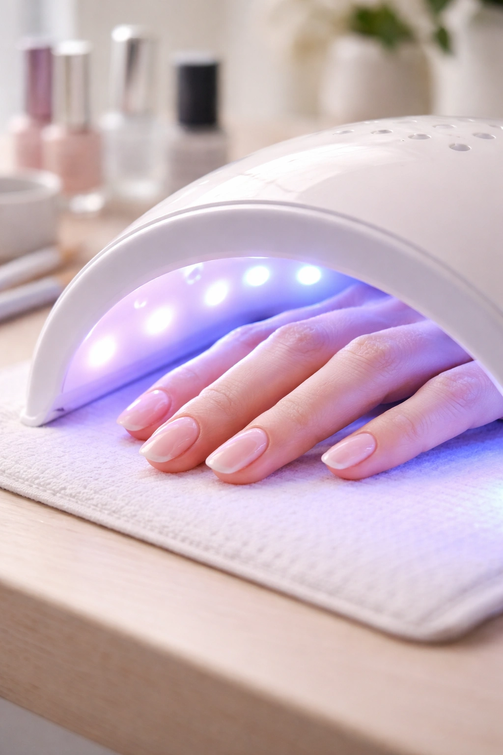 Close-up of gel nails being cured under an LED lamp with a soft glow