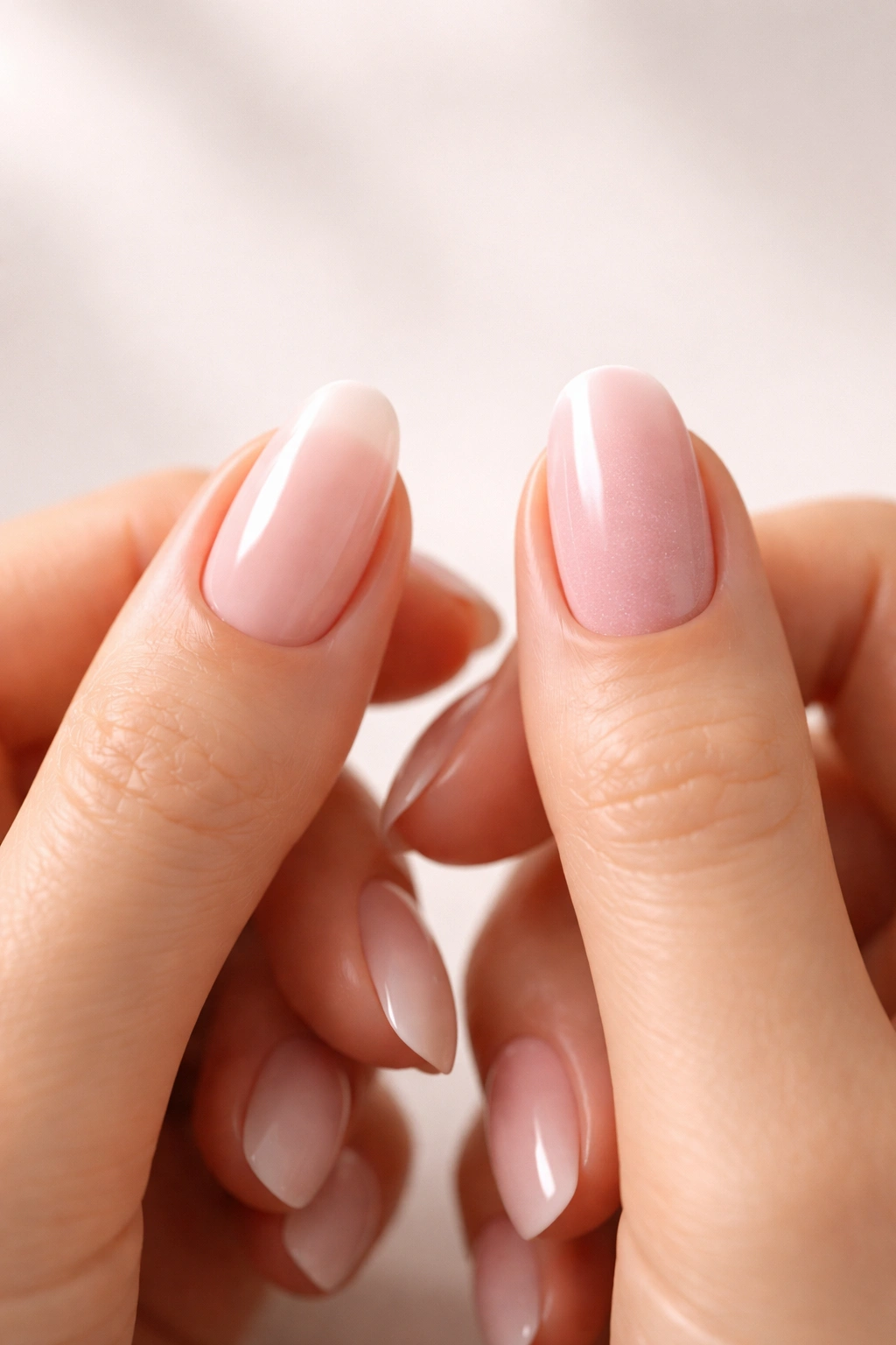 Hands with two nails showing different finishes representing gel versus dip.