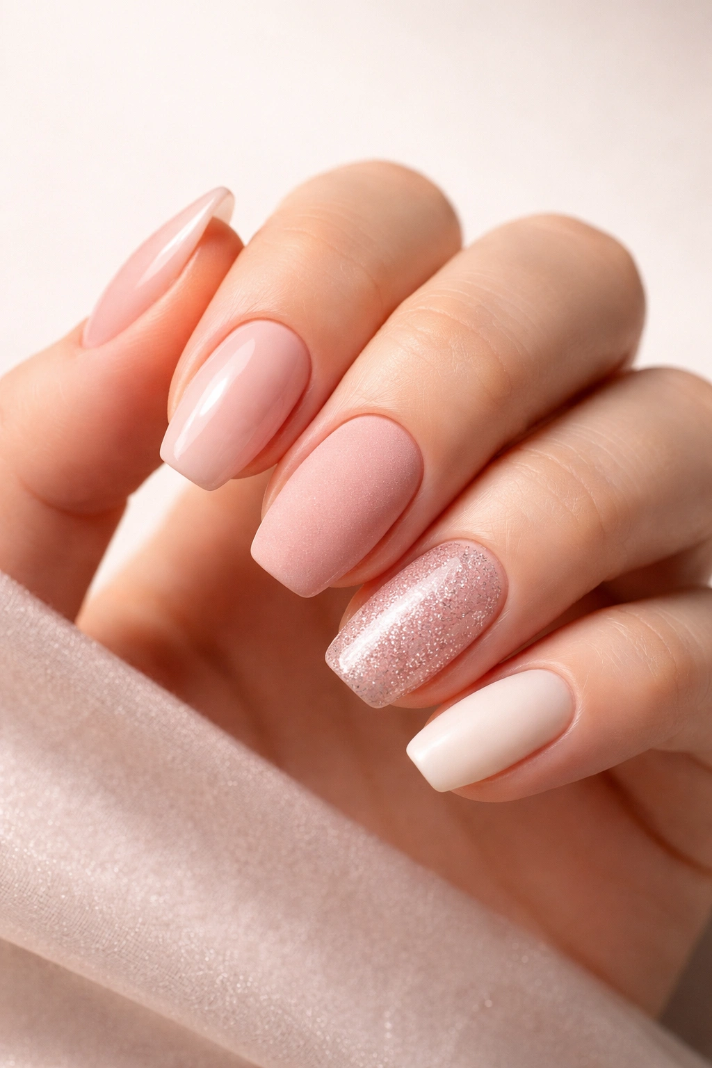 Hand with nails showing glossy and matte finishes.
