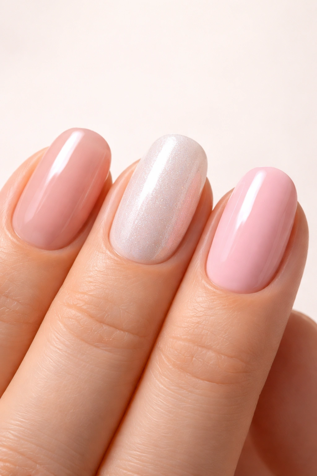 Hand displaying glossy gel, dip powder, and regular polish finishes