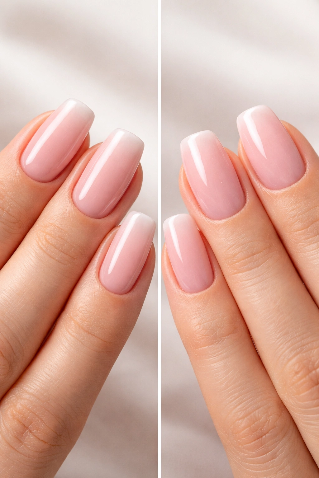 Side-by-side nails showing gel manicure and dip powder manicure