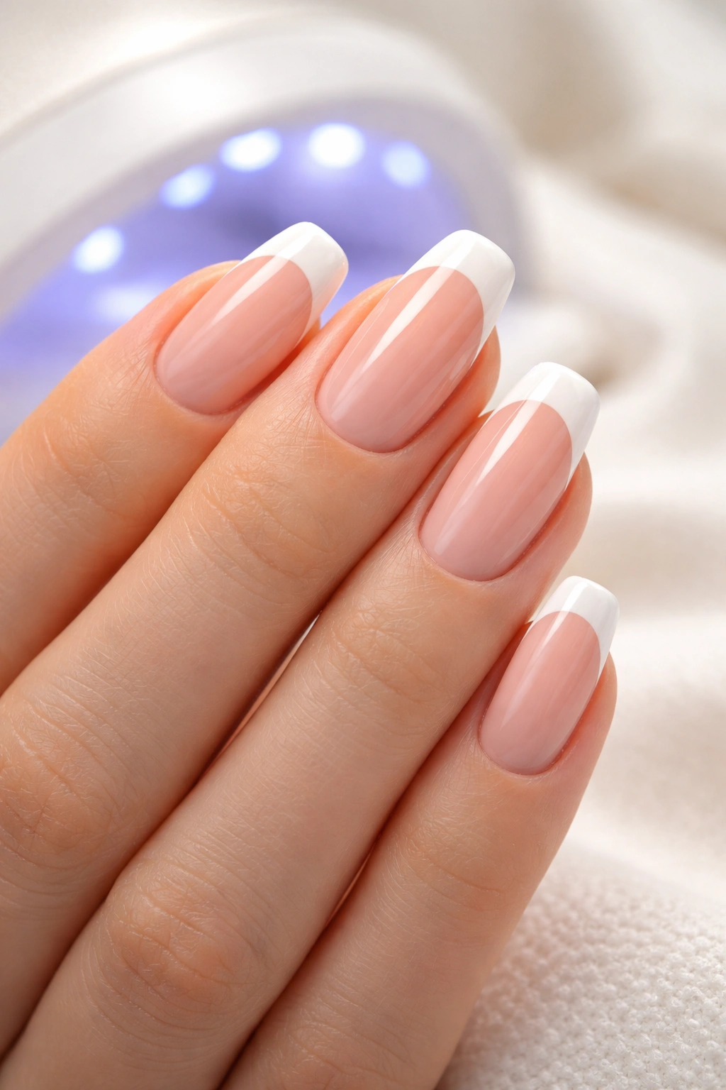 Gel French tips on nails with a curing lamp in the background