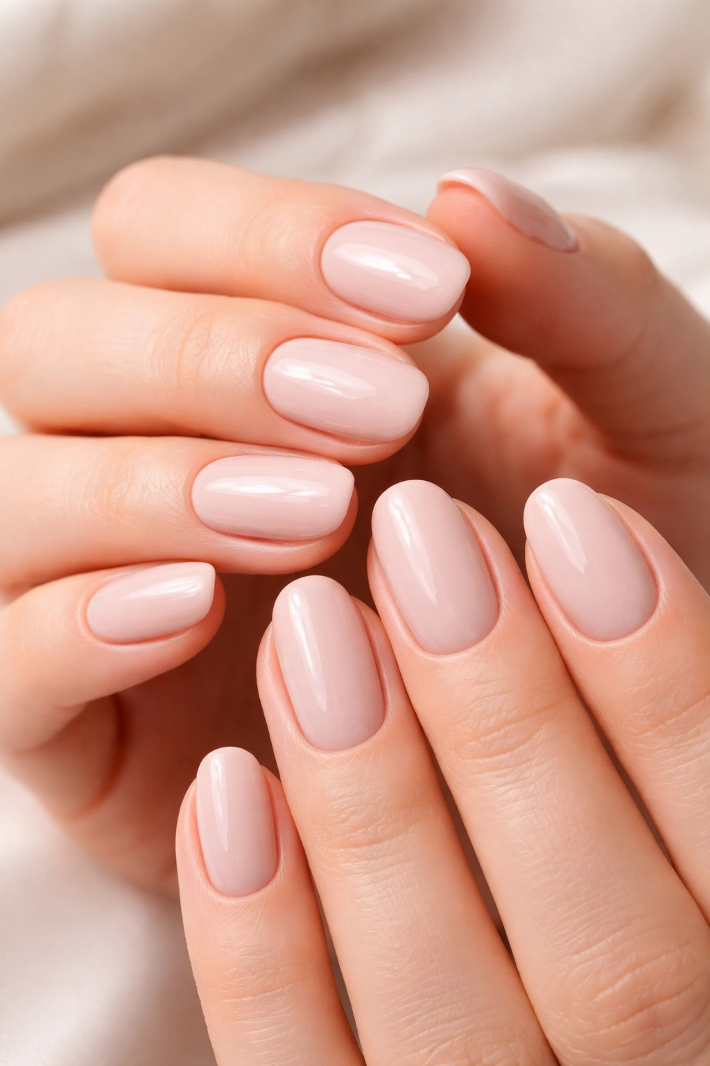 Hands with a glossy gel manicure in a soft neutral color