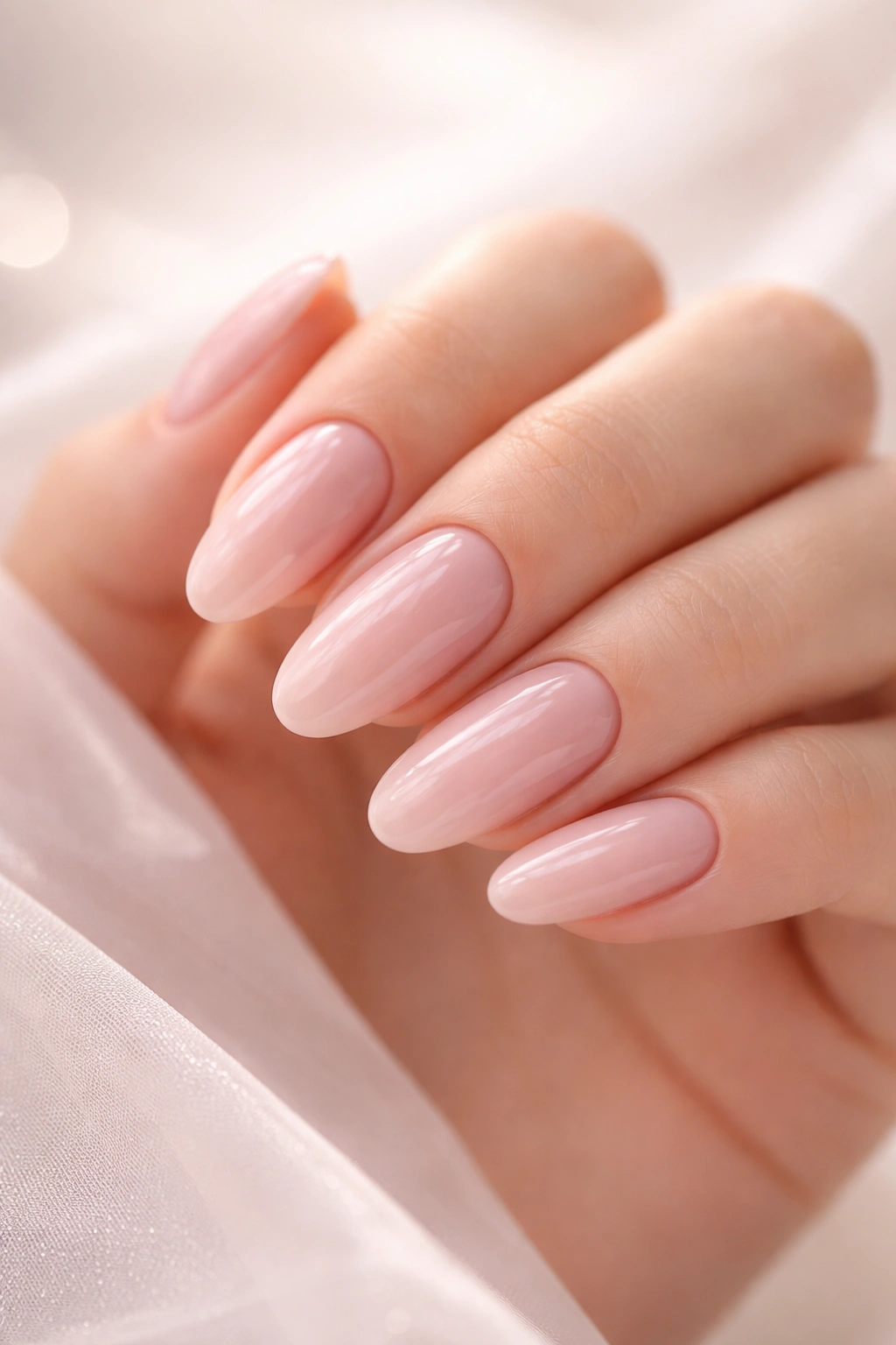 Close-up of glossy gel manicure nails on hand with high-gloss finish