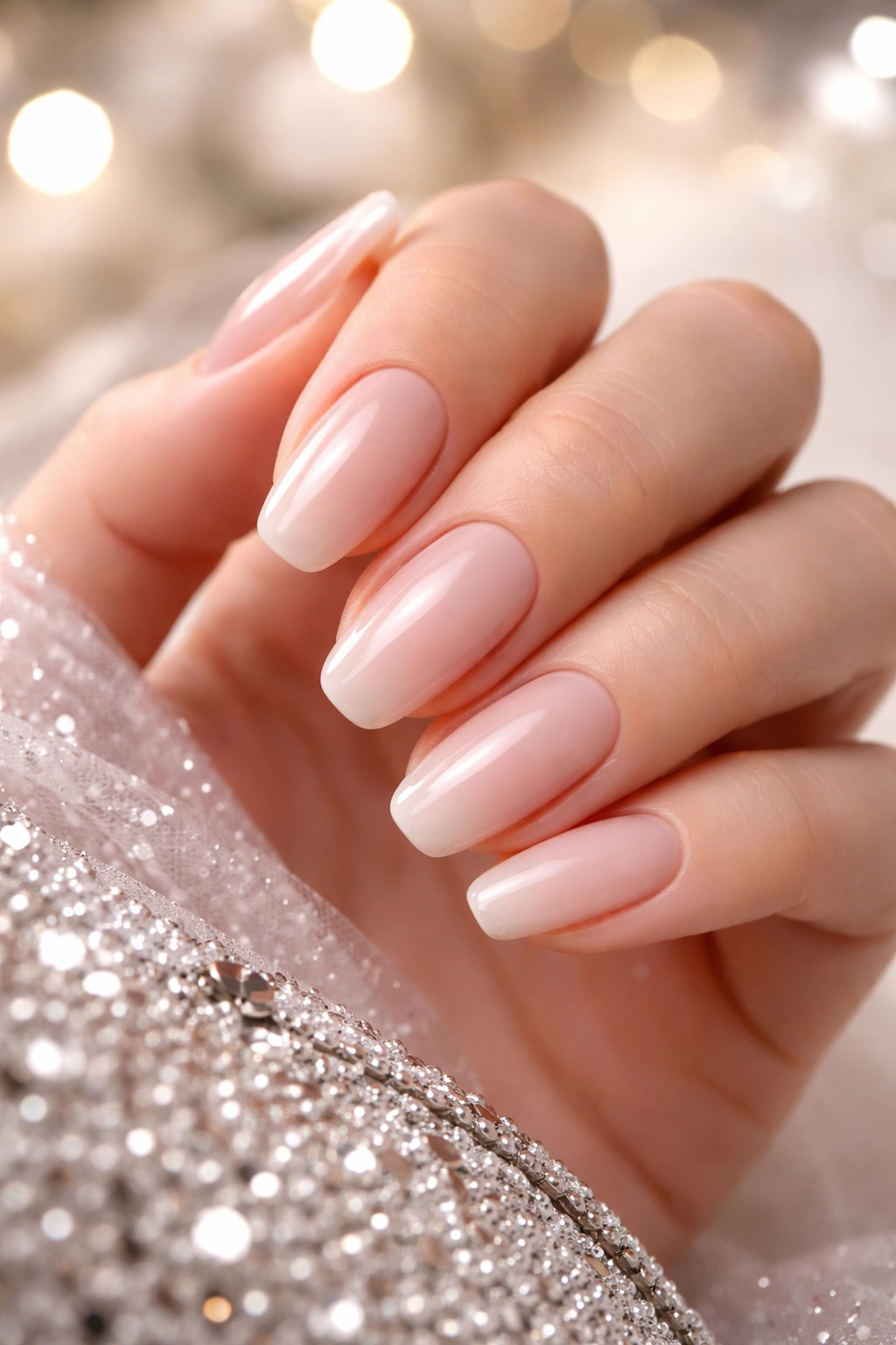Close-up of a hand with a long-lasting gel manicure in a neutral shade.