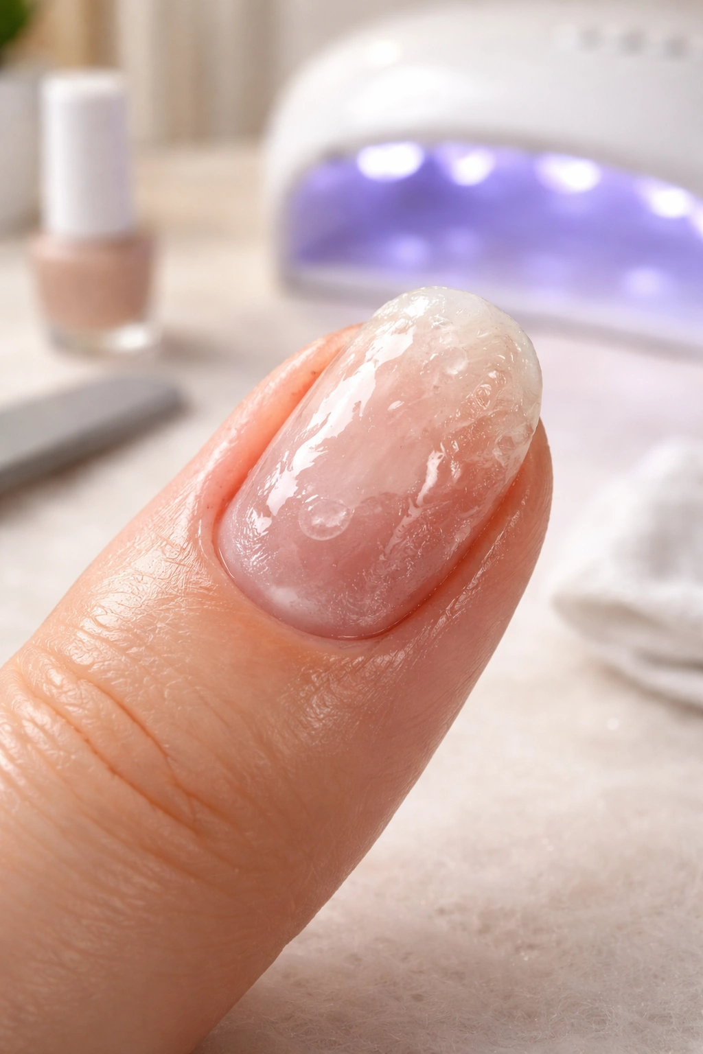 Nail with thick gel and tacky residue showing common gel polish mistakes