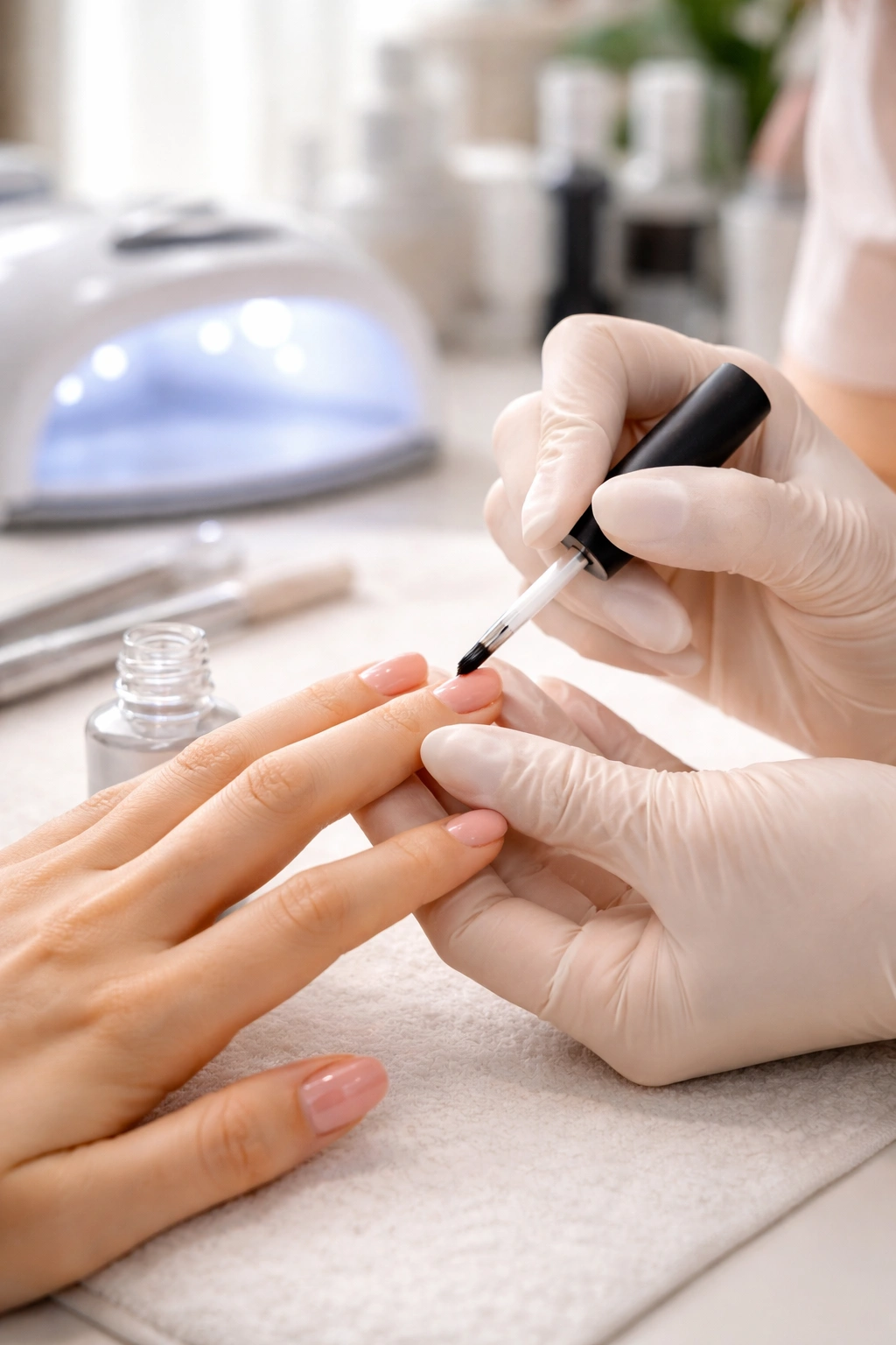 Close-up of a nail technician applying gel primer on nails at a clean salon station