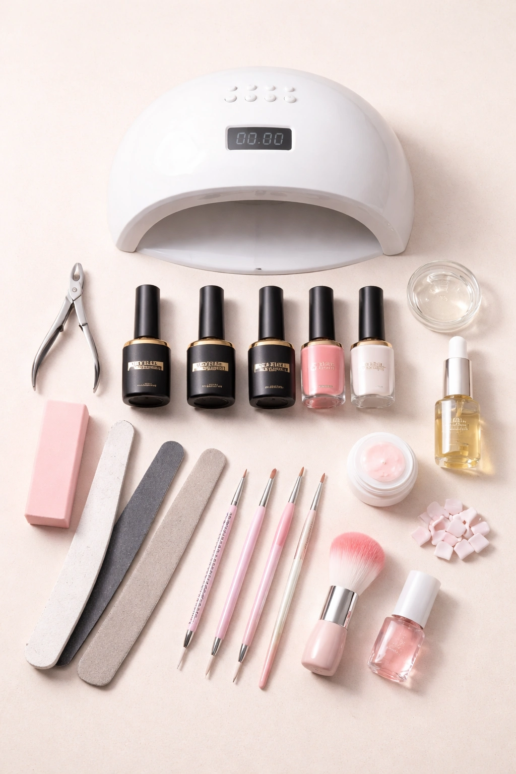 Flat lay of essential gel manicure supplies for home use