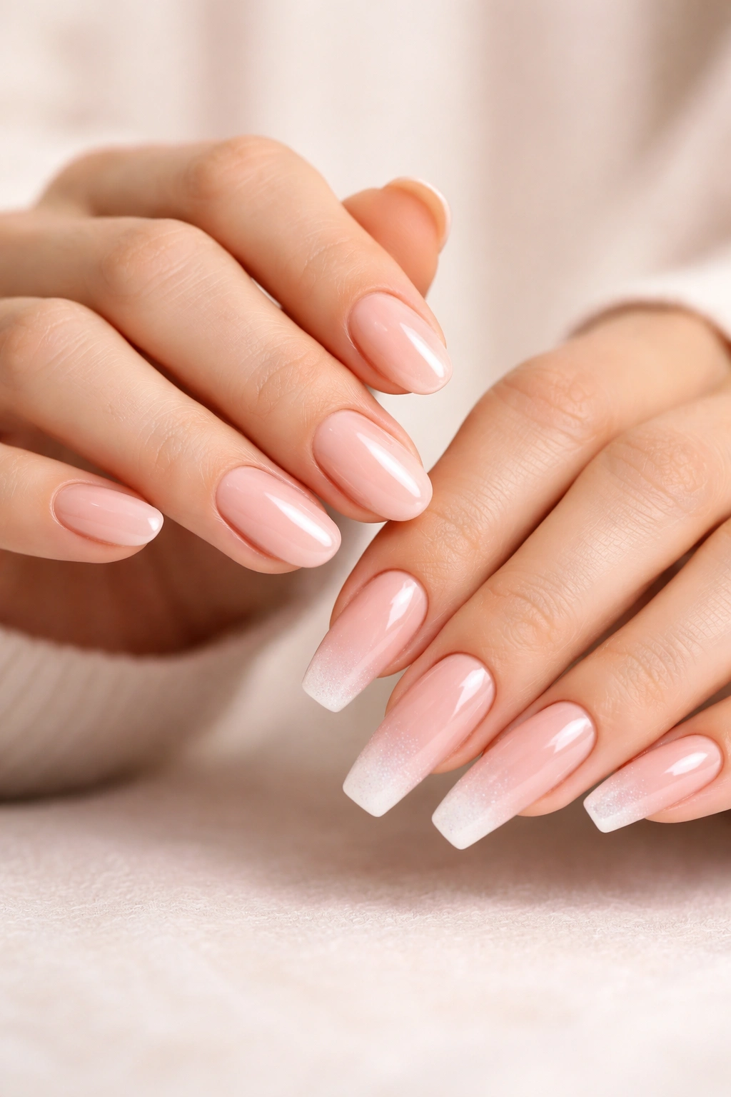 Hands with gel and acrylic nails in a concluding manicure pose