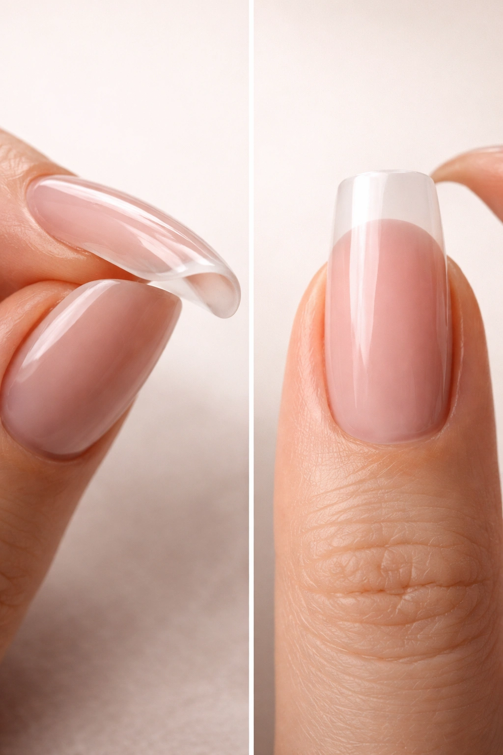 Close-up of two nails showing gel flexibility versus acrylic rigidity on a hand
