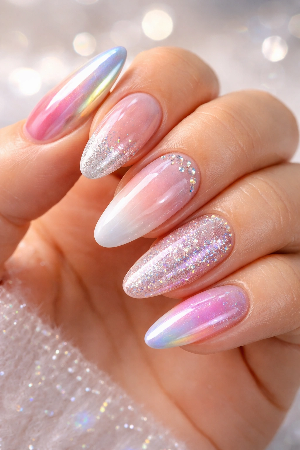 Gel nails with varied designs and finishes in a close-up.
