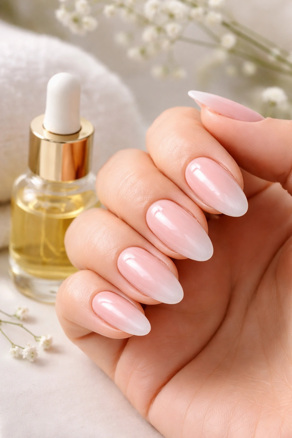 Close-up of glossy gel nails with cuticle oil nearby