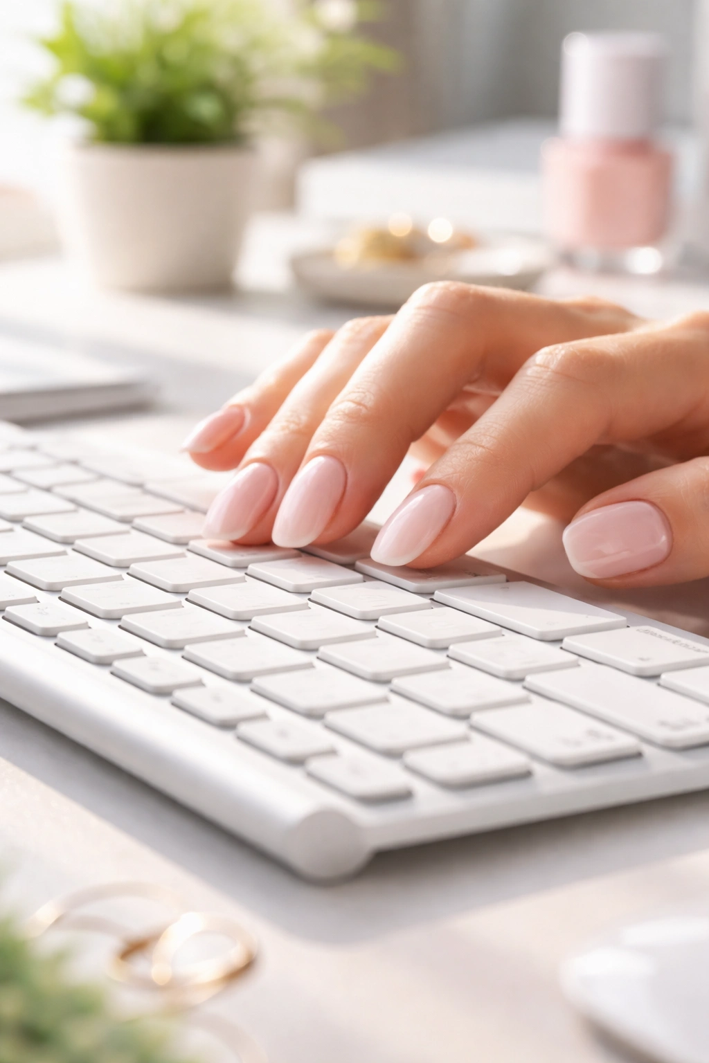 Hands typing on a keyboard with gel nails, emphasizing gentle nail use
