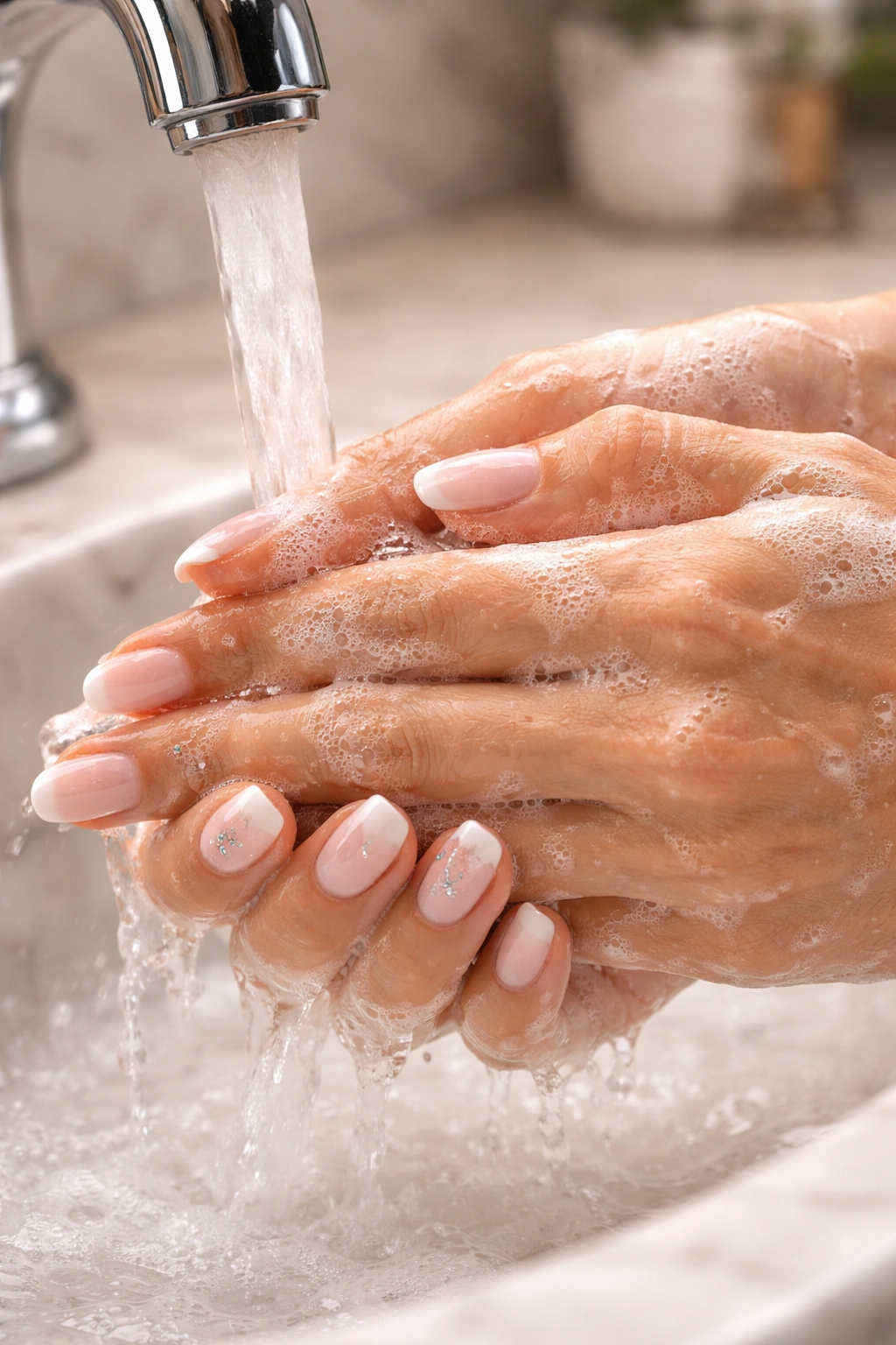 Close-up of hands with gel nails during warm-water handwashing for gel protection