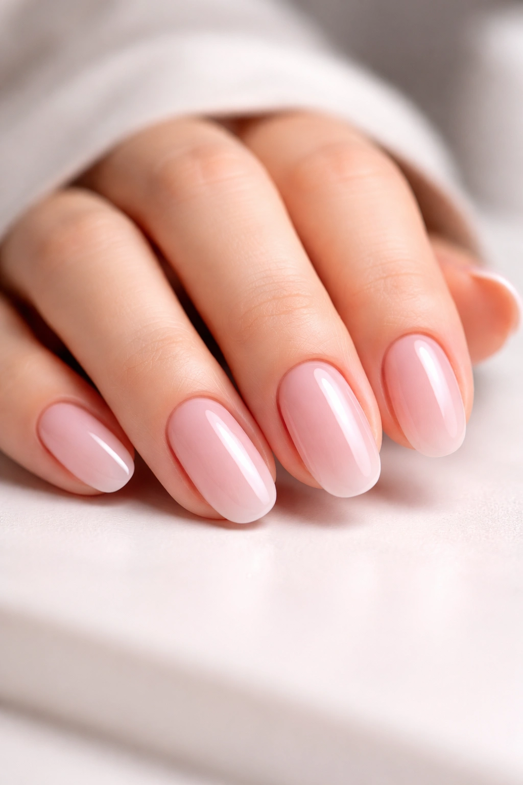 Close-up of a hand with glossy gel nails on a neutral surface