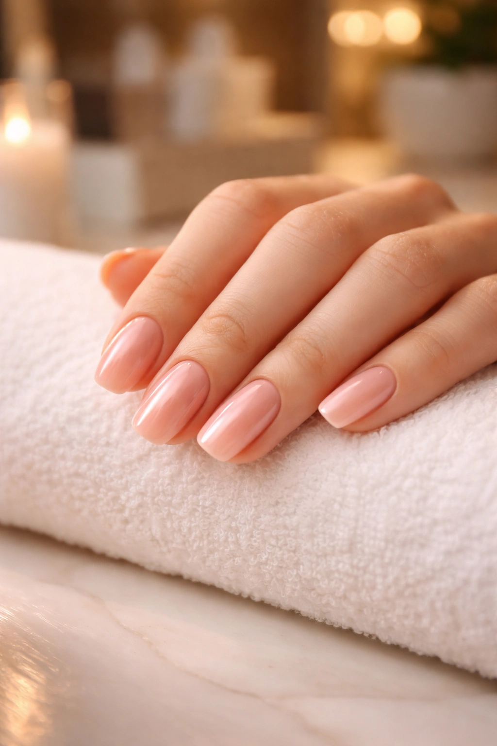 Close-up of a hand with well-manicured gel nails resting on a clean surface in a calm setting