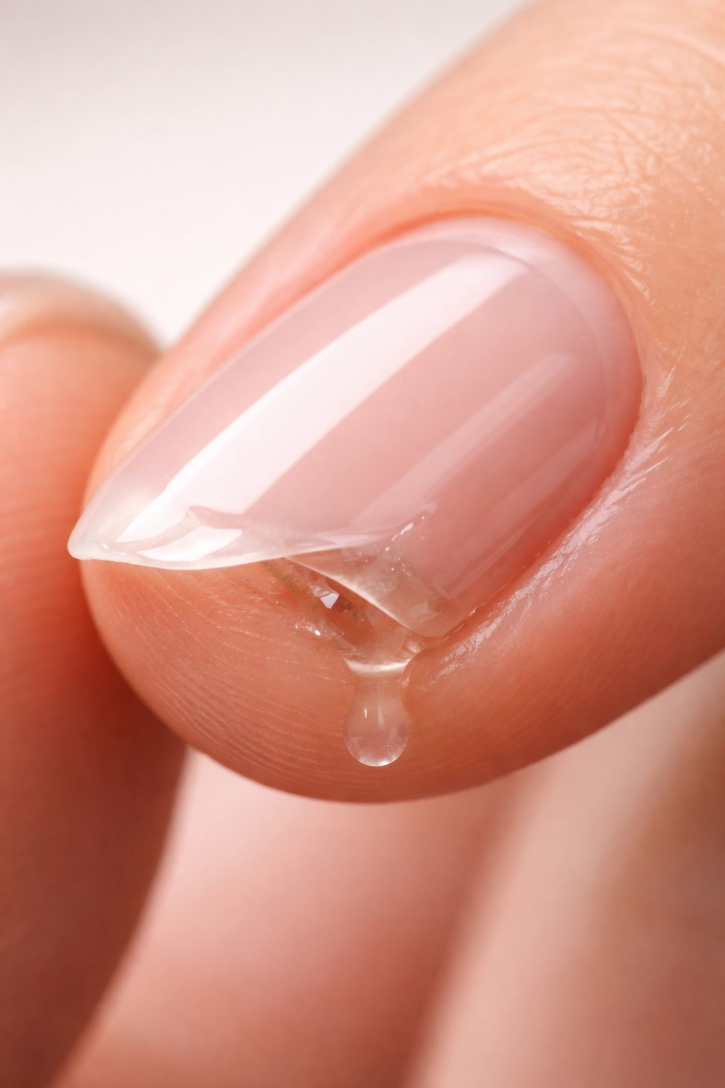 Close-up of a gel nail edge peeling with a tiny moisture gap