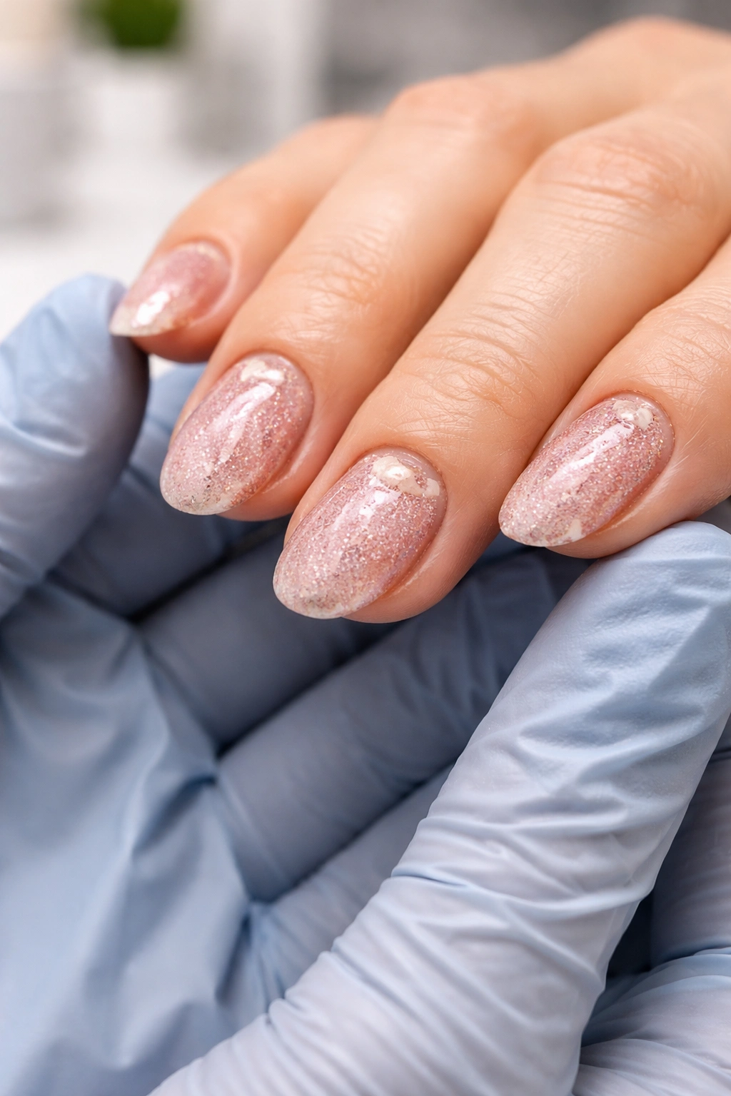 Close-up of thick gel nails on a hand indicating need for professional removal.