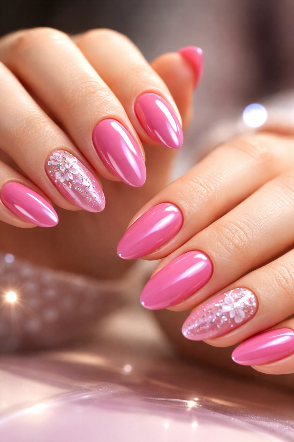 Close-up of ultra-glossy gel nails reflecting light.
