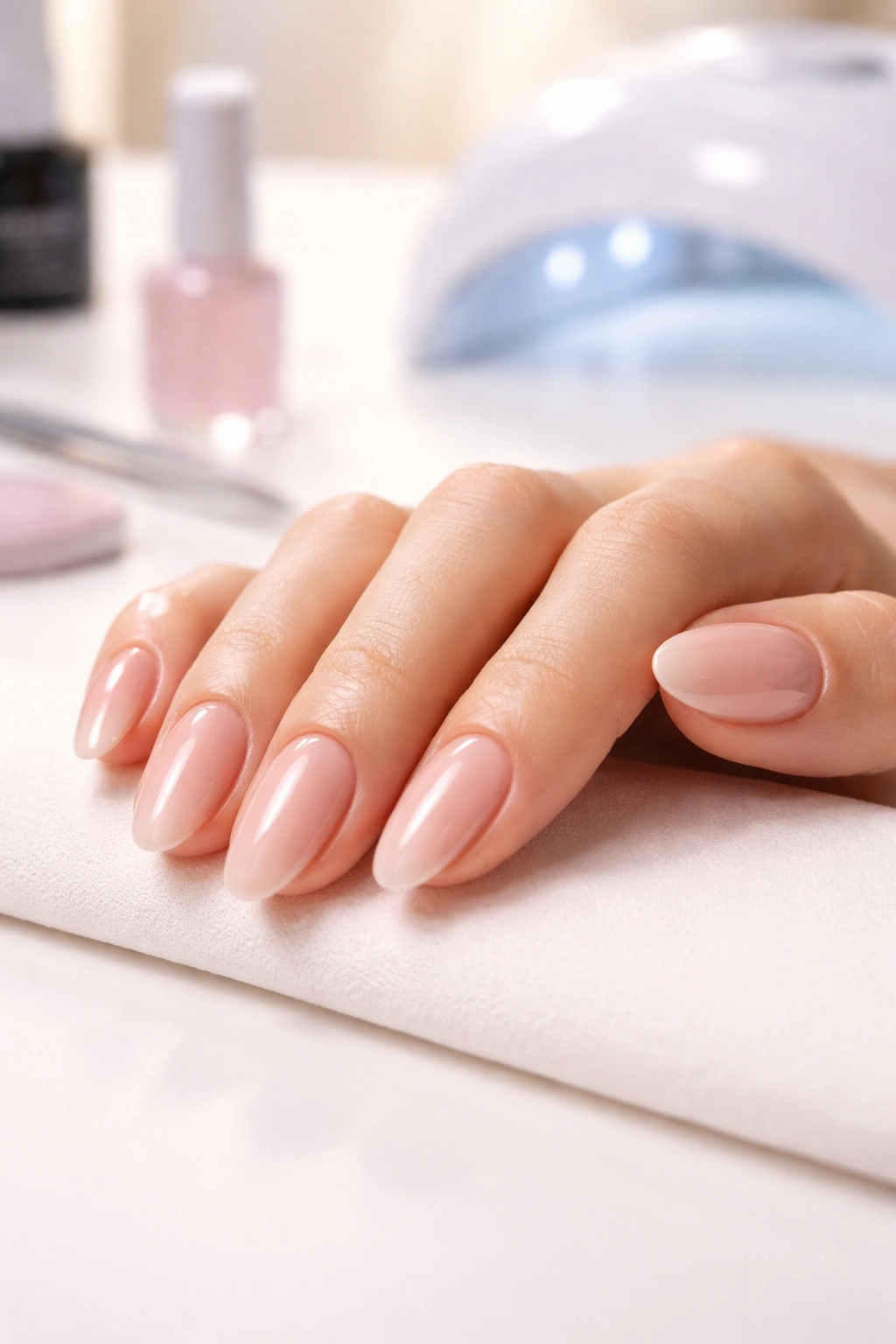Close-up of a hand with glossy gel nails on a clean surface