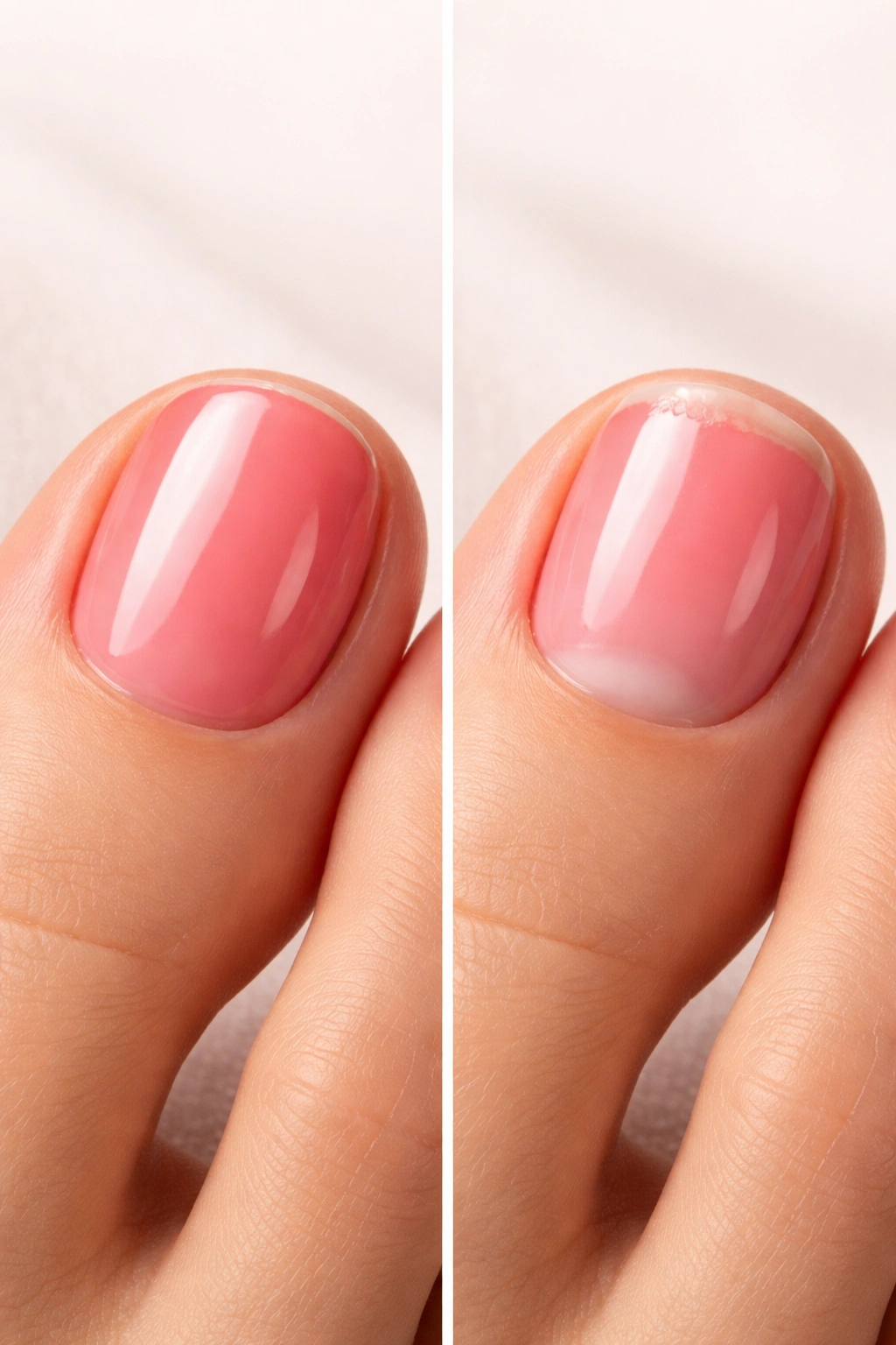 Toenail shown in two states to suggest gel pedicure longevity