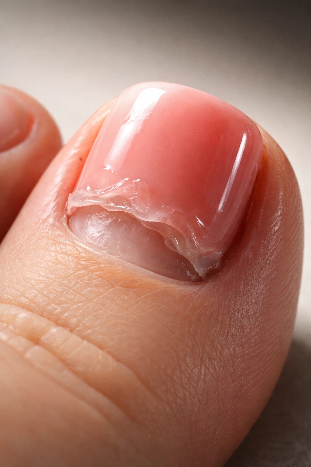 Close-up of a toenail showing thick gel and edge lifting to illustrate gel pedicure mistakes