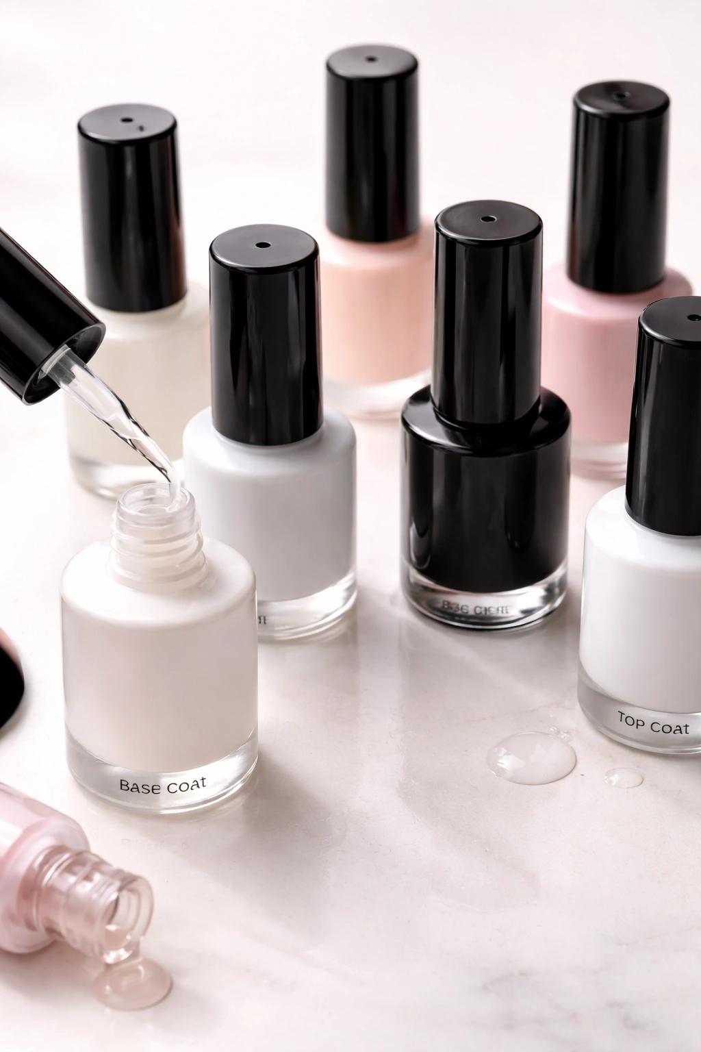 Arrangement of gel polish bottles representing quality products for durability
