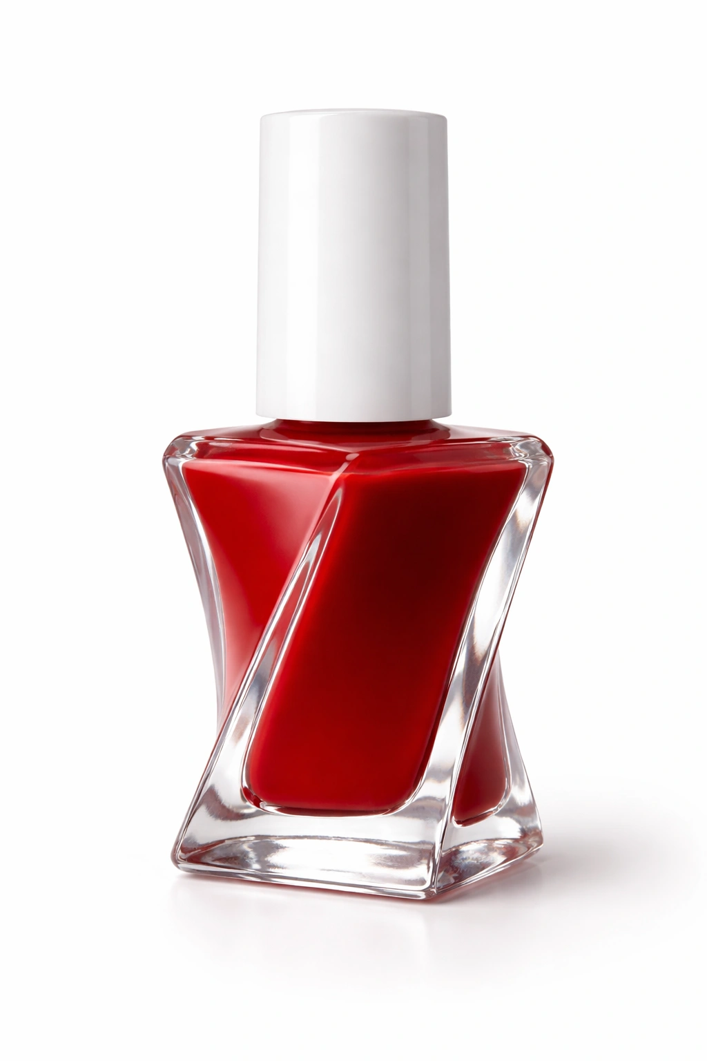 Close-up of a glossy nail polish bottle with curved cap on white background, gel couture-inspired.