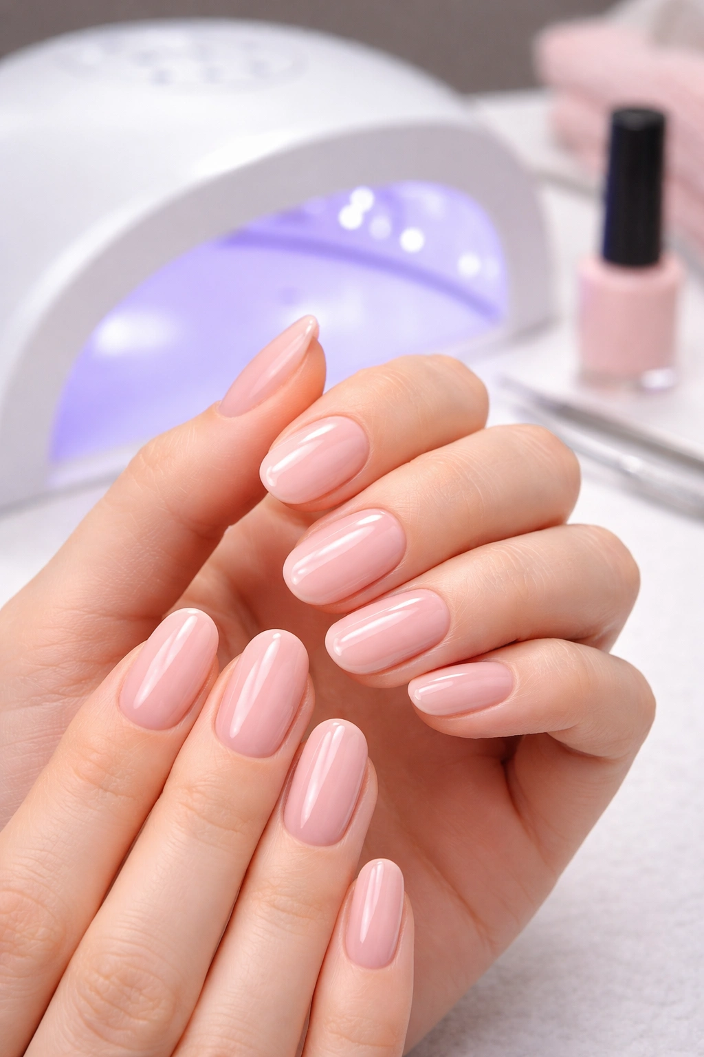 Glossy gel-polished nails illuminated by a lamp