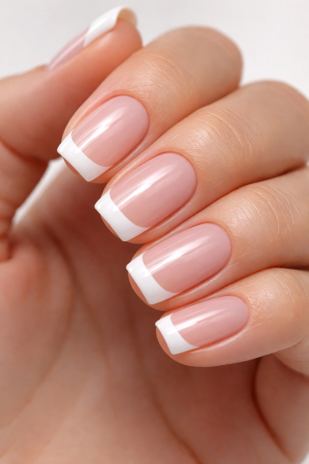 Close-up of gel French tip nails with a glossy pale pink base and white tips