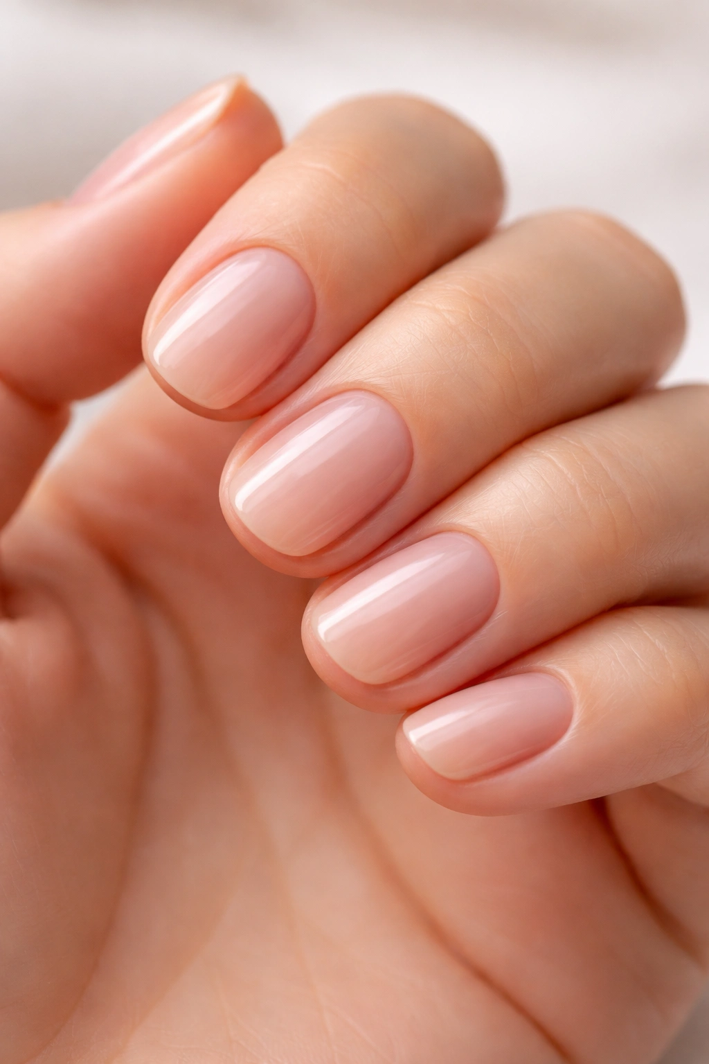 Close-up of natural nude gel polish on short nails