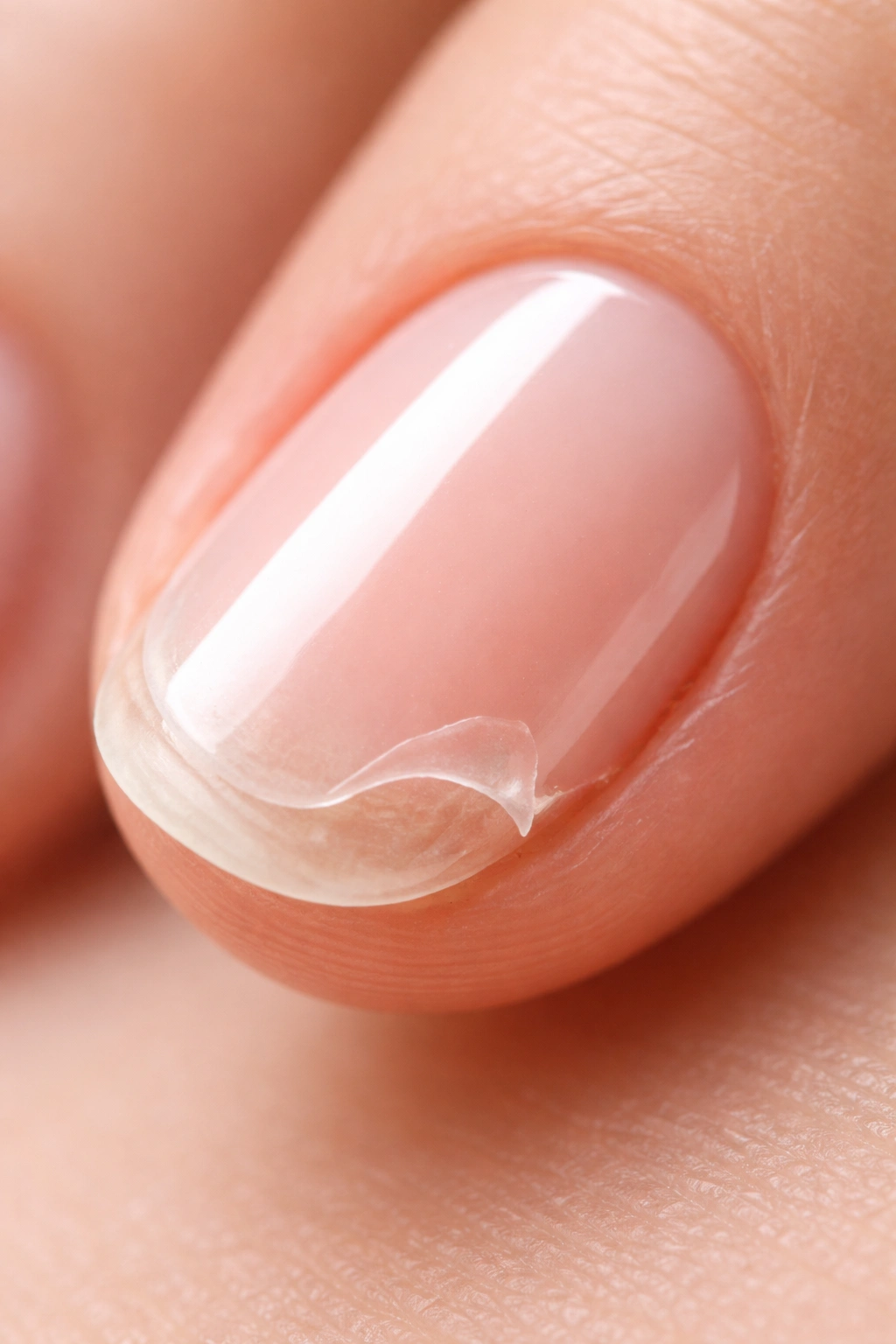 Close-up of a natural nail with a gel polish edge lift showing peeling