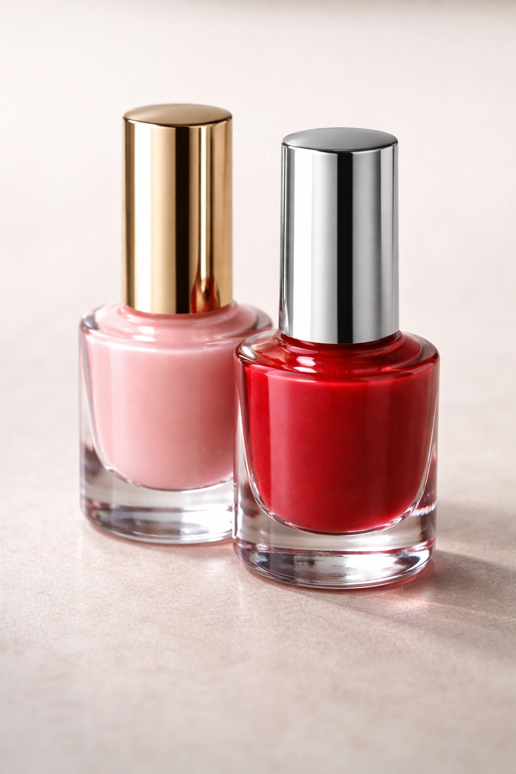 Close-up of two gel polish bottles on a clean surface showing glossy finishes