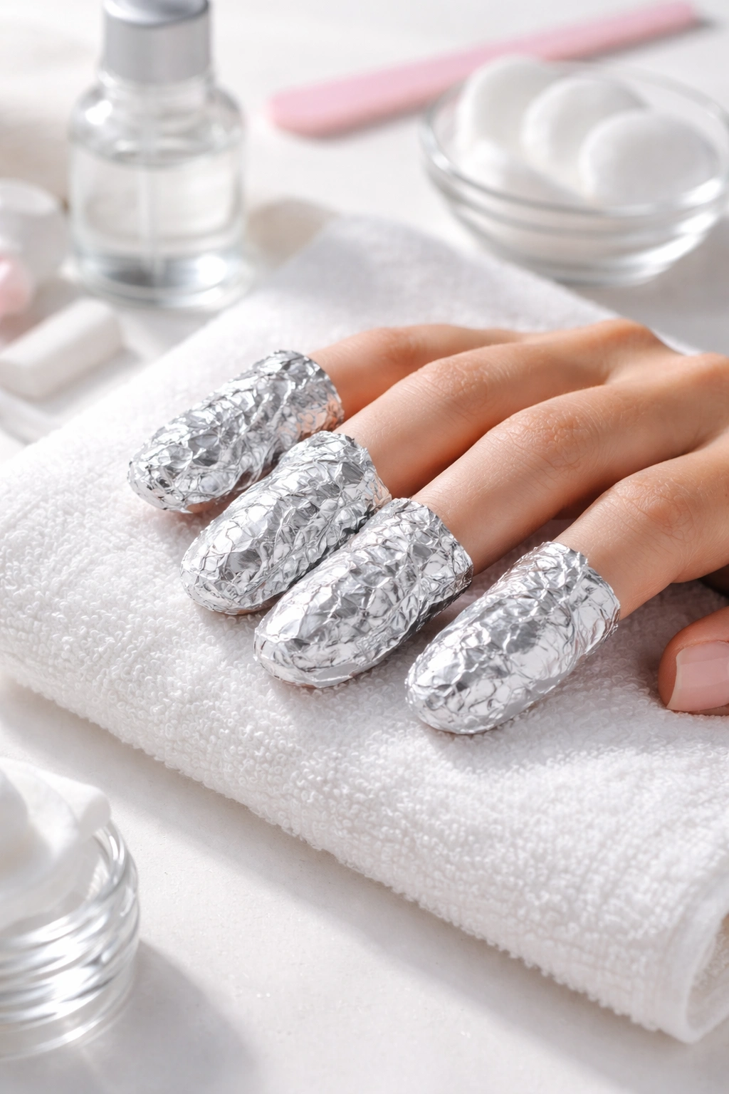 Fingers wrapped in foil with acetone pads for gentle gel removal