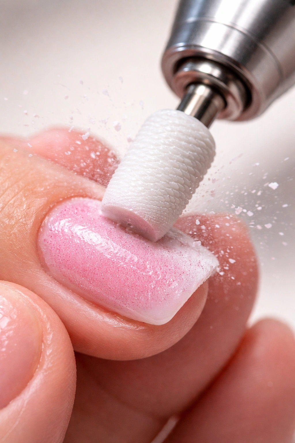 Close-up of high-speed nail drill removing gel polish from a nail with ceramic bit